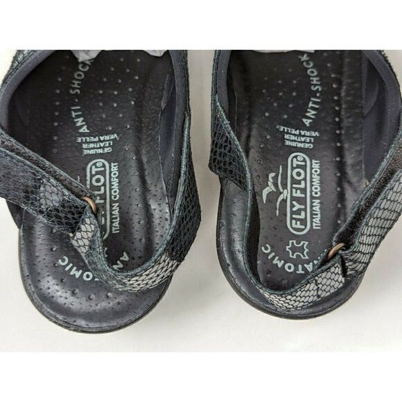 FLY FLOT SANDALS BLACK LEATHER SNAKESKIN BACK STRAP WOMENS SIZE US 6.5 EU 38 - Picture 4 of 7